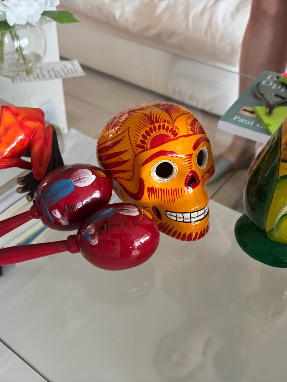 Hand-Painted Mexican Day of the Dead Skull Figurine - Orange & Red